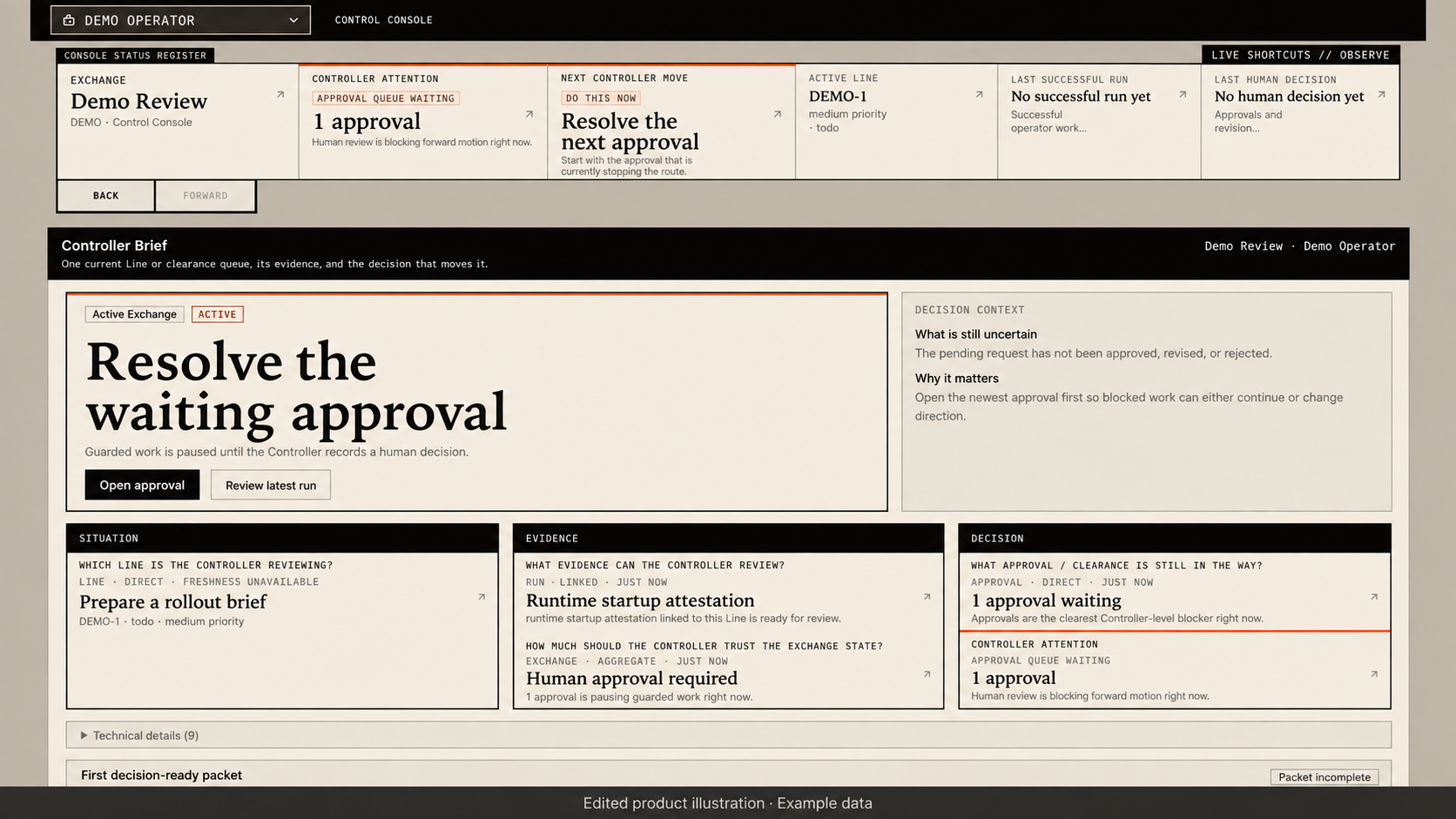 Switchboard example console showing one waiting approval and the next review decision